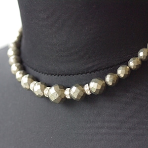 Metallic Pyrite & Cubic Zirconia Beaded Necklace, Sparkling Graduated Rondelle Statement Necklet