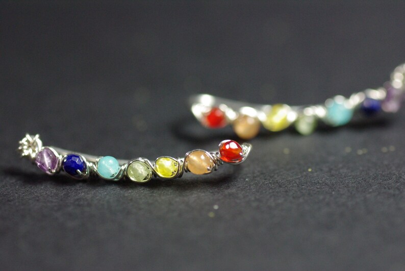 Chakra Ear Climbers Sterling Silver Climbers Gemstone Chakra Cuffs Amethyst Ear Crawlers Lapis Lazuli Cuffs Quartzite Climber Earrings