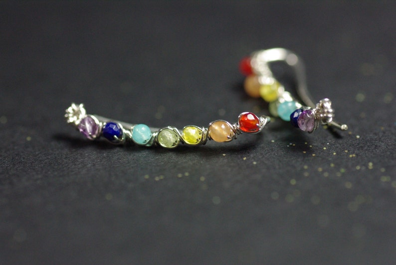 Chakra Ear Climbers Sterling Silver Climbers Gemstone Chakra Cuffs Amethyst Ear Crawlers Lapis Lazuli Cuffs Quartzite Climber Earrings