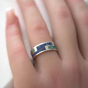 Customisable Aztec Inlay Ring - Recycled Sterling Silver, Unisex Inlay Band, Genuine Lapis Lazuli & Turquoise Gemstone Lathe Ring