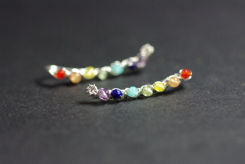 Chakra Ear Climbers Sterling Silver Climbers Gemstone Chakra Cuffs Amethyst Ear Crawlers Lapis Lazuli Cuffs Quartzite Climber Earrings