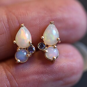 Puede incluir: Un par de pendientes de bot&oacute;n con engaste dorado, una &oacute;pala en forma de pera, una &oacute;pala redonda y una peque&ntilde;a piedra preciosa redonda de color p&uacute;rpura. Cada pendiente muestra destellos iridiscentes en las &oacute;palas blancas y un tono violeta.