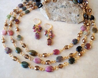 Pink Bridal Necklace Long Necklace Bridal Necklace Handmade Semi Precious Stones Necklace.Multi Semi Precious stones Necklace.Formal.