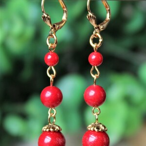 May include: A pair of long, dangling earrings with red beads and gold accents. The earrings have a simple, elegant design.