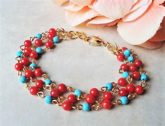 Bracciale Elastico Donna Con Perline Turchesi E Turchesi Rossi - Gioielli Artigianali Dal Fascino Bohémien