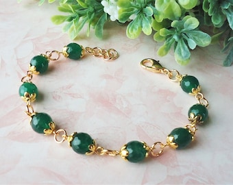 Emerald Green Jade Gemstone Bracelet Beadwork Gold Silver Mothers Bridal Birthday Lucky Graduation Gift Statement Handmade