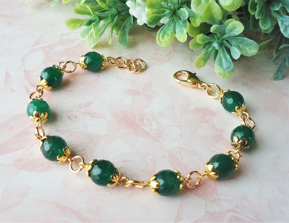 アクセサリー KY9JM Green Jade Beads Bracelet (Gold) Emerald Green Jade Gemstone Bracelet: Bridal Statement Jewelry