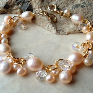 Pearl Cluster Bracelet Crystal Wedding Cream Pearl 24K Gold Plate Beadwork Bridal Valentine Birthday Mother&#39;s Rhinestone Gift Handmade