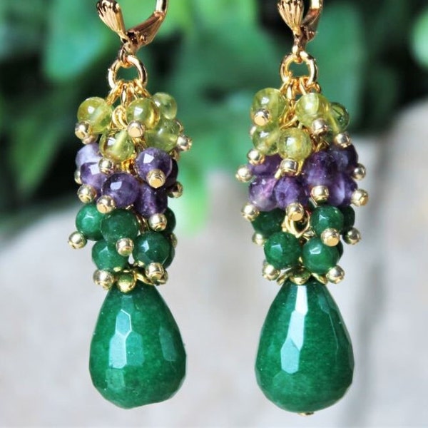 Multi Gemstone Cluster Earrings Purple Amethyst Emerald Green Jade Green Peridot Bridal Gold Silver Dangle Statement Long Gift Handmade.