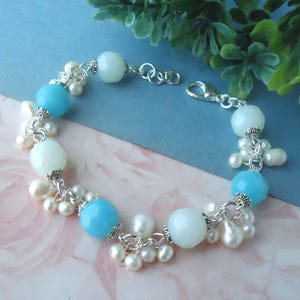 Multi Gemstone Cluster Bracelet Blue Quartz Aqua White Freshwater Pearls Silver Beadwork Bridal Statement Bridesmaid Formal Gift Handmade