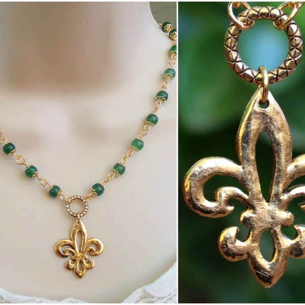 Fleur De Lis Pendant Necklace Green Jade Stone Beaded Necklace Metal plated in 24K Gold Statement Infinity Choker Necklace Bridal Handmade