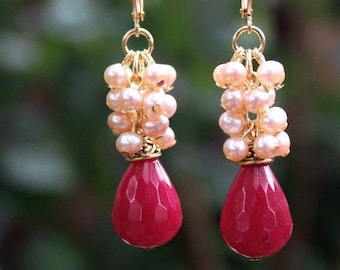 Ruby Jade Gemstone Cluster Earrings Freshwater Pearls Metal Gold Red Dangle Earrings Drop Bridal Garnet Valentine Statement Formal Handmade