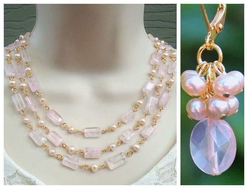 Rose Quartz Gemstone Necklace.Dangle Earrings.Jewelry Etsy