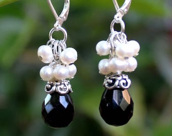 Black Onyx Multi Gemstone Cluster Earrings White Freshwater Pearls Metal Silver Dangle Drop Bridal Mother's Gift Handmade