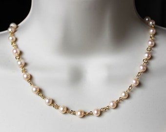 Collier Rétro Années 80 – Perles D’eau Rose Et Doré – 46 Cm – Ras Du Cou