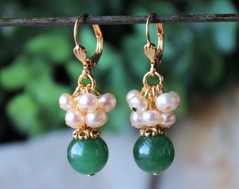 Emerald Green Jade Dangle Earrings, Freshwater Pearl Cluster, Bridal Statement Jewelry, Gift, Handmade