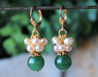 Emerald Green Jade Cluster Earrings Freshwater Pearls Gold Silver Dangle Drop Bridal Gemstone statement wedding Valentine Gift Handmade