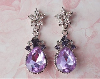 Amethyst Crystal Dangle Earrings Jeweled Purple Statement Bridal Wedding Formal Lavender Valentine Pink Cluster Post Earrings Gift Handmade