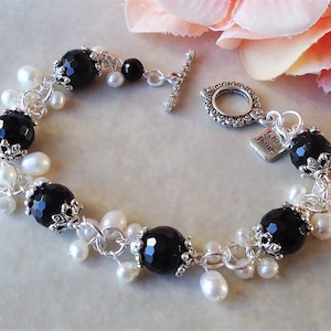 Black Onyx Gemstone Cluster Bracelet White Freshwater Pearls Toggle Silver Beadwork Bridal Statement Chunky Layering Formal Gift Handmade