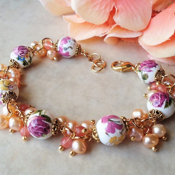 Rose Flower Cluster Bracelet Ivory Pearl Floral Artisan Lampwork Glass Gold Beadwork Bridal Chunky Pink White Blush Statement gift Handmade