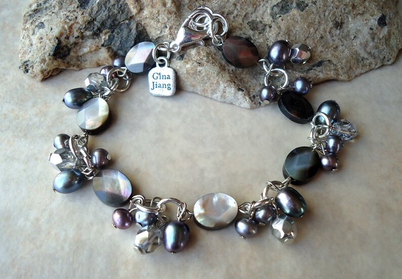 Handmade Mother of Pearls Cluster Bracelet.Peacock freshwater pearls.Crystal.Smoky Black.Sterling Silver plated.Beadwork.Bridal.Formal.Gift