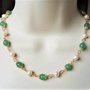 Emerald Green Jade Gemstone Necklace Ivory Freshwater Pearl Jewelry Set Dangle Earrings Gold Silver Choker Statement Bridal Gift Handmade.