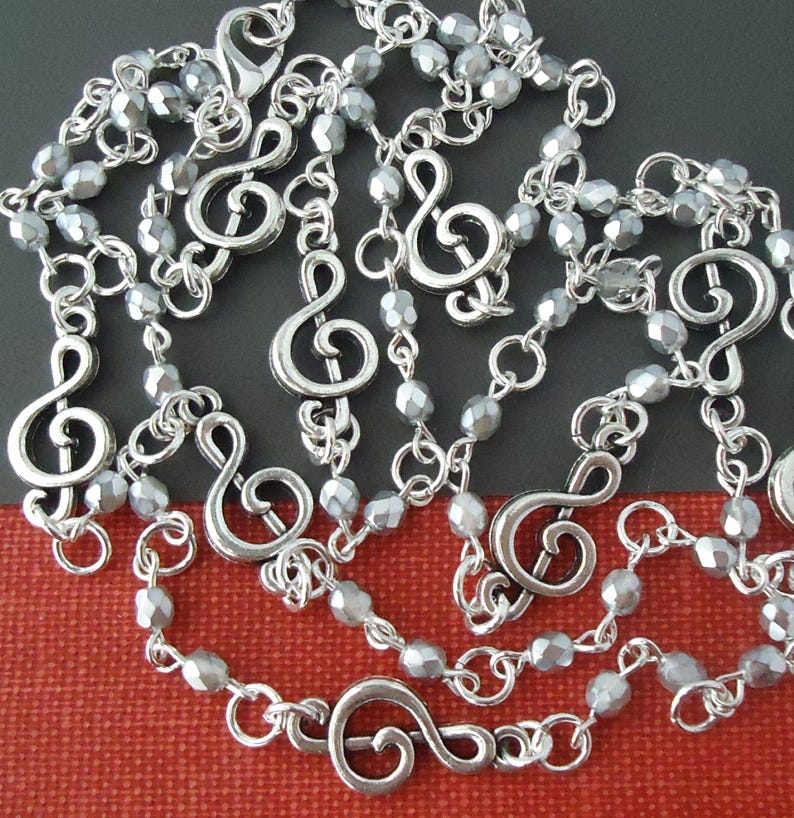 Silver Music Note Lariat Long Necklace: Treble Clef Double Strand ...
