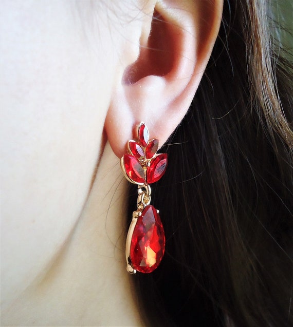 Garnet Red Dangle Earrings Swarovski Crystal Jeweled Gold Statement Bridal  Wedding Formal Long Post Earrings Vintage Ruby Gift Handmade - Etsy