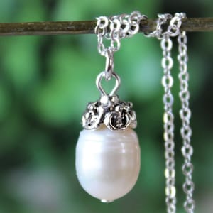 White Freshwater Pearls Pendant Necklace, Sterling Silver Chain, Bridesmaid, Statement, Bridal, Valentine, Layering, Formal, Gift, Handmade
