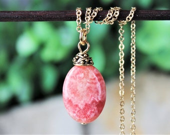 Pink Rhodochrosite Gemstone Pendant Necklace.Gold.Chain.Statement.Silver.Bridal.Bridesmaid.Bohemian.Layering.Healing Stone.Gift.Handmade.