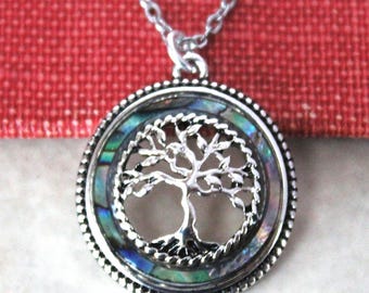 Tree of Life Pendant Chain Necklace, Abalone Shell, Silver Judaica Statement Jewelry, Gift, Handmade