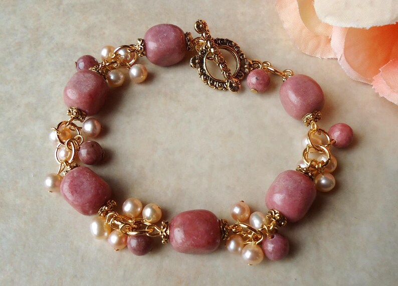 Pink Rhodochrosite Stone Cluster Bracelet.Freshwater Pearl.Toggle.Gold.Silver.Beadwork.Bridal.Statement.Chunky.Gemstone.Wedding.Handmade.