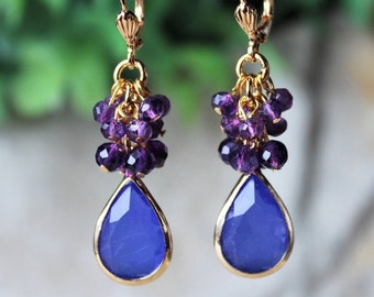 Multi Gemstone Cluster Earrings Navy Blue Jade Purple Amethyst Bridal Gold Dangle Statement Chandelier Long Earrings Gift Handmade