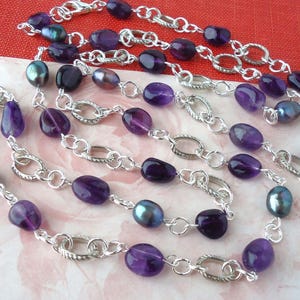 Long Necklace Amethyst Gemstone Black pearl Silver Lariat Double Strand Statement Layering Bridal Multi Strand Gift Purple Choker Handmade