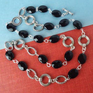 Black Onyx Gemstone Long Necklace, Metal Chain, Silver, Lariat, Choker, Statement, Layering, Bridal, Chunky, Jet Black, Gift, Handmade.