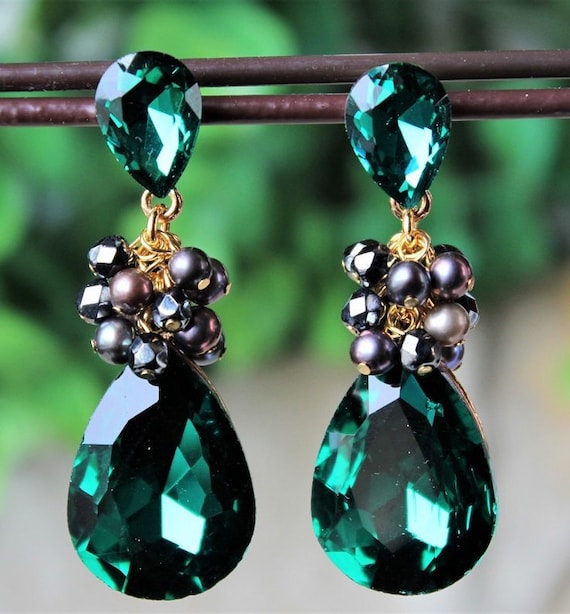 black dress green earrings Emerald Swarovski Crystal Dangle Post Earrings: Peacock Pearl, Statement Jewelry, Gift, Handmade BLACK-TIE-DRESS