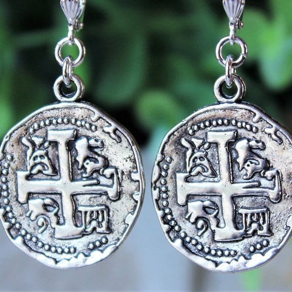 Ancient Spanish Shipwrecked Coin Dangle Earrings Silver Drop Metal Statement Bridal Holiday Museum Hammered Gift Handmade