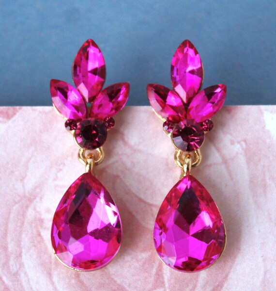 Hot Pink Crystal Rhinestone Dangle Post Earrings: Gold Bridal Statement Jewelry, Handmade - Etsy Hot Pink Crystal Rhinestone Dangle Post Earrings: Gold Bridal Statement Jewelry, Handmade - Etsy