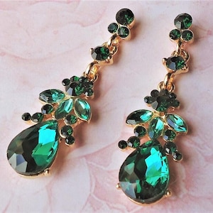 Emerald Green Crystal Dangle Earrings, Jeweled, Statement, Bridal, Wedding, Formal, Rhinestone, Cluster, Post Earrings, Gift, Handmade