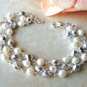 White Freshwater Pearl Cluster Bracelet: Triple Strand Crystal Bridal Jewelry, Handmade