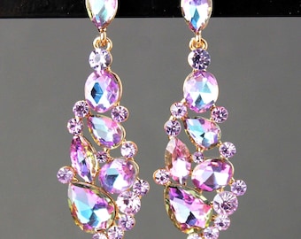 Lavender Blue Crystal Dangle Earrings: Pink Purple Rhinestone, Gold Bridal Statement Jewelry, Handmade