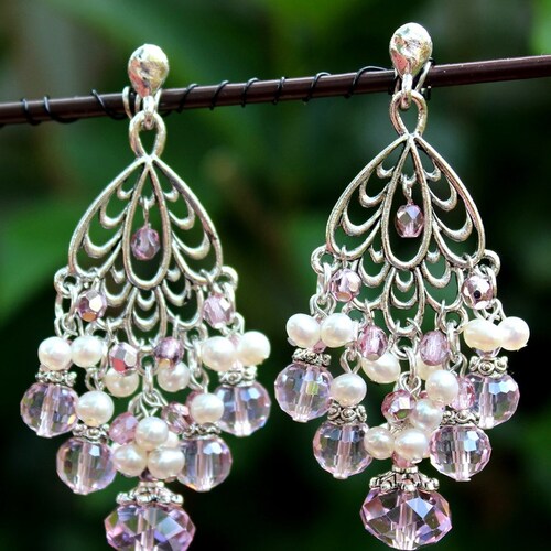 Pink store Crystal Chandelier Earrings.Frewater Pearl.Metal plated in Sterling Silver.Statement.Cluster Earring.Bridal.Dangle Earring. Handmade.