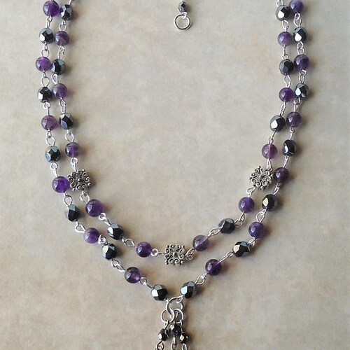 Amethyst Gemstone Necklace.Double Strand.Black Crystal.Purple.Beaded.Silver.Statement.Multi shops Colors.Bridal.Lariat.Chunky.Formal.Handmade.