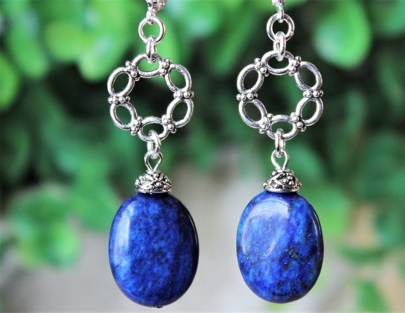 Lapis Lazuli Gemstone Dangle Earrings.Silver.Statement.Drop.Hoop.Bridal.Stone.Navy Blue.Long Earrings.Valentine.Formal.Gift.Handmade.
