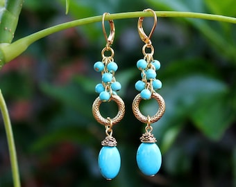 Turquoise Stone Cluster Earrings Gold Hoop Silver Metal Dangle Long Earrings Drop Bridal Statement Chandelier Blue Aqua Gift Handmade