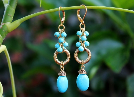 Turquoise Stone Cluster Earrings Gold Hoop Silver Metal Dangle
