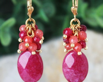 Red Jade Gemstone Dangle Earrings: Red Ruby, Statement Jewelry, Handmade