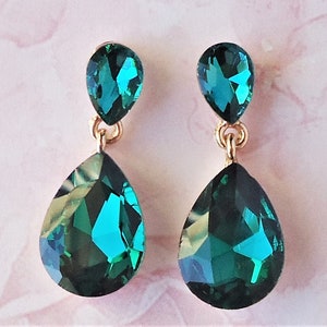 Emerald Green Crystal Dangle Post Earrings: Rhinestone Bridal Statement Jewelry, Handmade