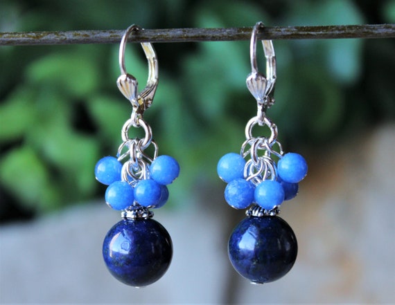 Boucles D’oreilles Pendantes – Perles Lapis Lazuli Naturelles Sur Argent 925, Dormeuses