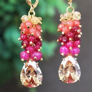 Multi Edelstein Cluster Ohrringe Blush Kristall Strass Rote Jade Citrin Pink Rose Braut Gold Silber baumeln Statement Kronleuchter Handmade